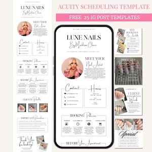 Könnte beinhalten: Eine digitale Marketingvorlage für Luxe Nails mit einem Telefon-Mockup mit Nagelkunstbeispielen, Kontaktinformationen und Buchungsrichtlinien. Das Design enthält den Text "Meet Your Nail Artist" und "Free 25 IG Post Templates."