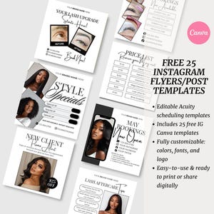 Może przedstawiać: Zestaw czarno-białych szablon&oacute;w ulotek na Instagram dla usług kosmetycznych. Ulotki zawierają tekst, taki jak "Lash Upgrade", "Style Specials" i "New Client Promo Alert". Szablony są w pełni konfigurowalne i gotowe do druku lub udostępniania cyfrowo.