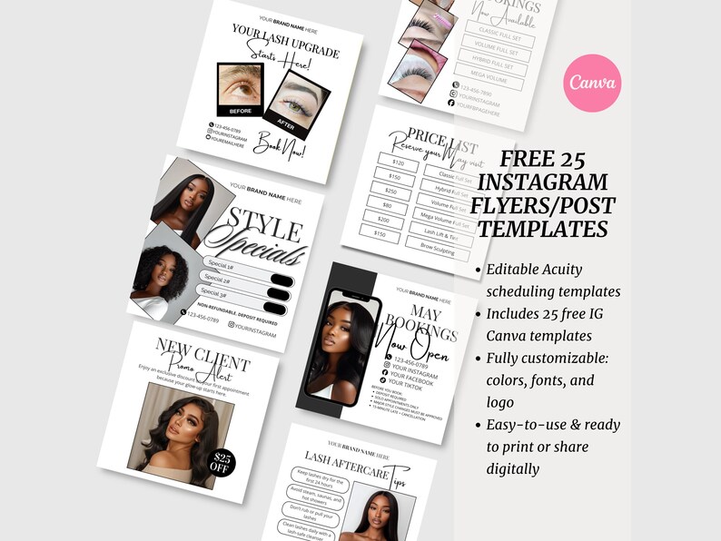 Może przedstawiać: Zestaw czarno-białych szablon&oacute;w ulotek na Instagram dla usług kosmetycznych. Ulotki zawierają tekst, taki jak "Lash Upgrade", "Style Specials" i "New Client Promo Alert". Szablony są w pełni konfigurowalne i gotowe do druku lub udostępniania cyfrowo.
