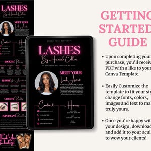 May include: A black digital tablet and a vertical poster with a pink and black design. The tablet displays "Lashes by Hannah Collins" with a photo and contact information. The poster has similar branding and booking details.