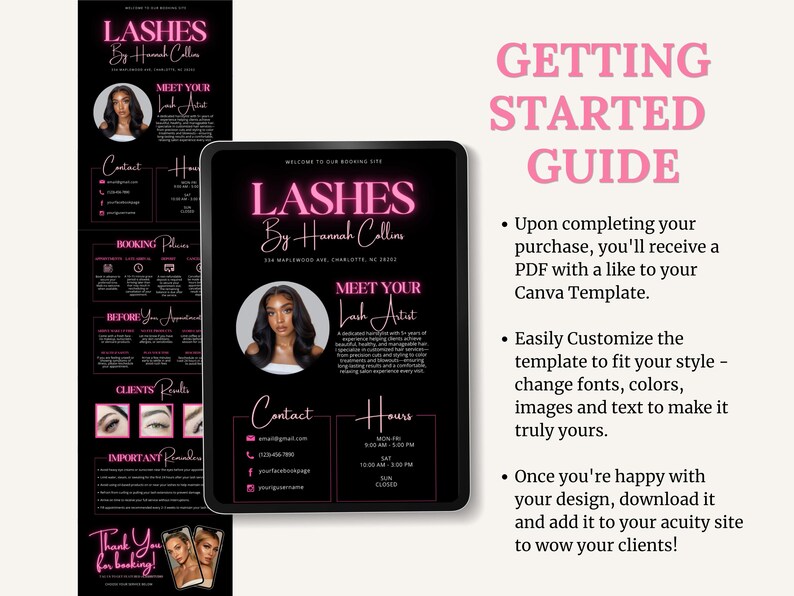 May include: A black digital tablet and a vertical poster with a pink and black design. The tablet displays "Lashes by Hannah Collins" with a photo and contact information. The poster has similar branding and booking details.