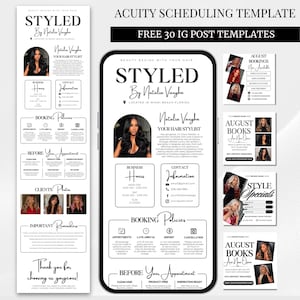 May include: A digital marketing kit for hair stylists featuring an Acuity scheduling template and 30 Instagram post templates. The designs are black and white, displaying text such as STYLED By Natalia Vaughn, booking policies, and business hours.