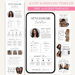 May include: A digital marketing template for a hair and lash artist, featuring a phone mockup with various informational slides. The design is primarily black and white with pink accents, showcasing services, contact details, and booking policies.