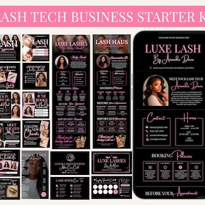 May include: A pink and black Lash Tech Business Starter Kit with various marketing materials. The kit includes business cards, appointment cards, price lists, and a phone mockup displaying a booking site. The text includes "Luxe Lashes" and "Lash Haus".