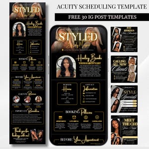 Puede incluir: Un conjunto de plantillas de marketing digital para Acuity Scheduling e Instagram, con un esquema de color negro y dorado. El diseño incluye encabezados de texto como STYLED, BOOKING POLICIES y CALLING ALL NEW CLIENTS, junto a espacios para fotos.