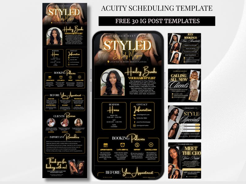 May include: A digital marketing template set for Acuity Scheduling and Instagram, featuring a black and gold color scheme. The design includes text headers like STYLED, BOOKING POLICIES, and CALLING ALL NEW CLIENTS, alongside placeholders for photos.