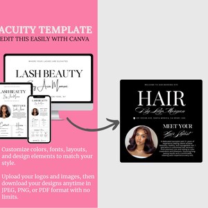Może przedstawiać: R&oacute;żowa grafika z tekstem "ACUITY TEMPLATE EDIT THIS EASILY WITH CANVA". Pokazuje r&oacute;wnież komputer, tablet i telefon z marką "LASH BEAUTY". Czarny kwadrat zawiera napis "HAIR By Lily Morgan".