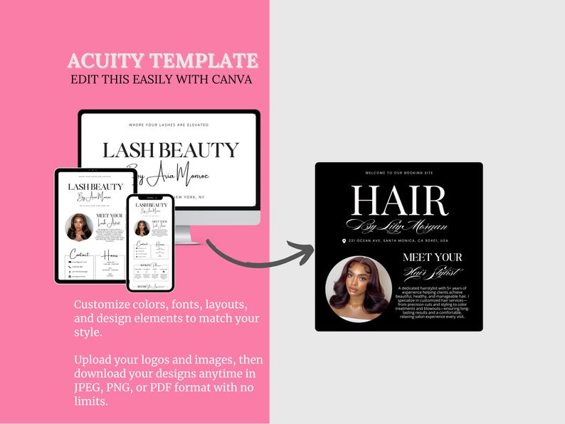 Może przedstawiać: R&oacute;żowa grafika z tekstem "ACUITY TEMPLATE EDIT THIS EASILY WITH CANVA". Pokazuje r&oacute;wnież komputer, tablet i telefon z marką "LASH BEAUTY". Czarny kwadrat zawiera napis "HAIR By Lily Morgan".