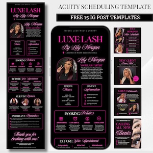 May include: A digital marketing template set for Acuity Scheduling and Instagram, featuring a black background with bright pink text. The design includes a mobile phone interface, a long vertical layout, and several square social media post graphics.