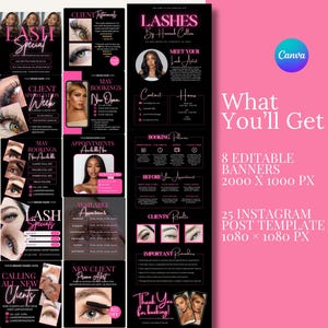 May include: A promotional graphic with a black and pink theme, advertising lash services. The design includes text such as "Lash Special," "Client Week," and "New Client Promo Offer." It also mentions "8 Editable Banners" and "25 Instagram Post Template."