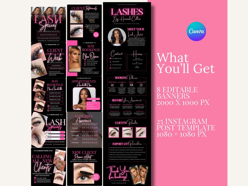 May include: A promotional graphic with a black and pink theme, advertising lash services. The design includes text such as "Lash Special," "Client Week," and "New Client Promo Offer." It also mentions "8 Editable Banners" and "25 Instagram Post Template."