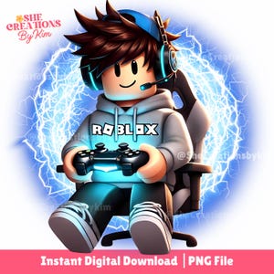 May include: A digital illustration of a Roblox avatar wearing a grey hoodie with the word "ROBLOX" on the front, blue headphones, and a blue and black gaming controller. The avatar is sitting in a gaming chair against a blue background with white lightning bolts.