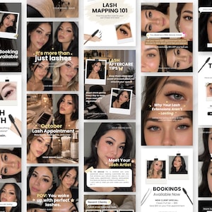 May include: A collection of social media graphics featuring a person with eyelash extensions, including text overlays such as Lash Mapping 101, Lash Myth, Lash Aftercare Tips, and Booking Available, showcasing various eye close-ups.