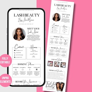 Może przedstawiać: Cyfrowa reklama Lash Beauty by Ana Manac, wyświetlana na smartfonie i ulotce. Projekt jest gł&oacute;wnie czarno-biały z r&oacute;żowym tłem. Ulotka zawiera informacje kontaktowe, zasady rezerwacji i wyniki klient&oacute;w.