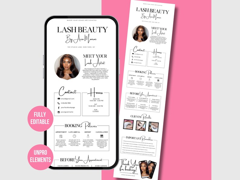 Może przedstawiać: Cyfrowa reklama Lash Beauty by Ana Manac, wyświetlana na smartfonie i ulotce. Projekt jest gł&oacute;wnie czarno-biały z r&oacute;żowym tłem. Ulotka zawiera informacje kontaktowe, zasady rezerwacji i wyniki klient&oacute;w.