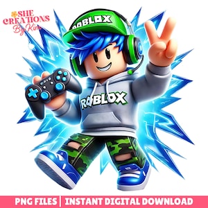 May include: A digital illustration of a Roblox character with blue hair, a green hat, and a gray hoodie. The character holds a black game controller and makes a peace sign. The background features blue lightning bolts. The image includes the text "ROBLOX".