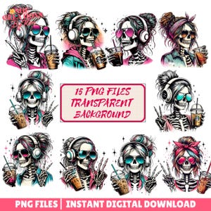 Skeletkoffie png, bundel vrouw schedel, schedel clipart set sublimatiebestanden, Halloween shirt png vrouwen bundel, volwassen png voor shirts, dtf