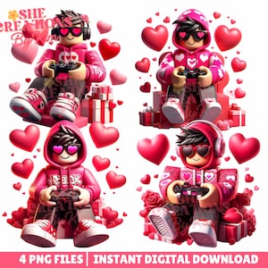 May include: Four digital PNG files featuring a cartoon character in a pink hoodie, heart-shaped sunglasses, and headphones, holding a game controller. The character is surrounded by red hearts and gift boxes. The text "4 PNG FILES | INSTANT DIGITAL DOWNLOAD" is at the bottom.