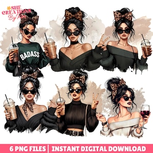 Puede incluir: Seis ilustraciones digitales de mujeres con diferentes peinados y atuendos. Cada mujer sostiene una bebida, como café o vino. Las ilustraciones son de estilo de dibujos animados y tienen un fondo colorido.