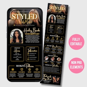 May include: A digital template for a hair stylist business card or flyer featuring a black background with gold text. The design includes sections for business hours, contact information, booking policies, and client reviews, with placeholders for photos.