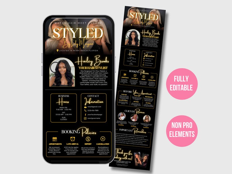 May include: A digital template for a hair stylist business card or flyer featuring a black background with gold text. The design includes sections for business hours, contact information, booking policies, and client reviews, with placeholders for photos.