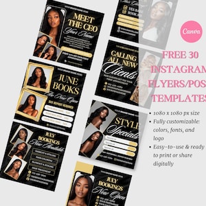 May include: A collection of thirty digital social media flyer templates featuring a black and gold color scheme. Each template includes placeholders for text, business information, and images of a person with long dark hair, designed for Instagram.