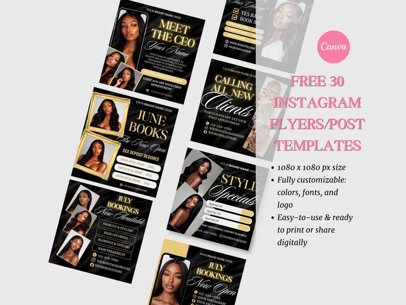 May include: A collection of thirty digital social media flyer templates featuring a black and gold color scheme. Each template includes placeholders for text, business information, and images of a person with long dark hair, designed for Instagram.