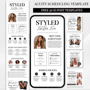 May include: A digital marketing template set for hair stylists featuring a mobile phone display and social media graphics. The design uses a black and white colour scheme with text including STYLED By Haily Brooks, booking policies, and business hours.