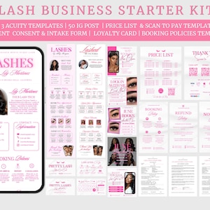May include: A pink and white Lash Business Starter Kit with templates for Acuity, Instagram posts, price lists, and client forms. The kit includes a phone mockup with a "Lashes by Lily Martinez" design, and various booking and payment templates.