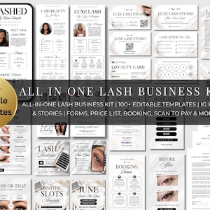 May include: A collection of over 100 editable templates for a lash business, including price lists, booking forms, loyalty cards, and social media posts. The designs feature a white and gold aesthetic with text such as ALL IN ONE LASH BUSINESS KIT.
