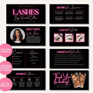 May include: A set of eight black and pink business cards for a lash artist. The cards include information about booking, appointment reminders, and client results. The text "Lashes by Hannah Collins" is prominently displayed.
