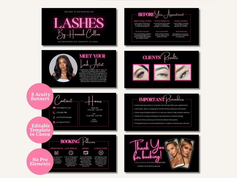 May include: A set of eight black and pink business cards for a lash artist. The cards include information about booking, appointment reminders, and client results. The text "Lashes by Hannah Collins" is prominently displayed.