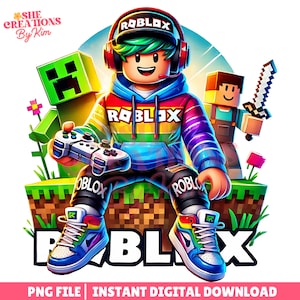 Può includere: Illustrazione digitale vibrante con un personaggio di Roblox con capelli verdi, una felpa con cappuccio arcobaleno e cuffie. Il personaggio tiene in mano un controller di gioco, con un Creeper e un personaggio di Minecraft sullo sfondo. La parola "ROBLOX" è ben visibile.