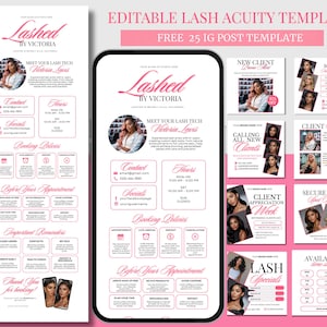 May include: A pink and white Instagram post template for lash services. The design includes the business name "Lashed by Victoria", contact information, booking policies, and promotional graphics. The template is designed for beauty professionals.