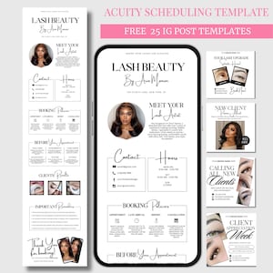 Könnte beinhalten: Ein digitales Marketing-Template für Lash Beauty von Aria Mance, mit einem Smartphone-Mockup mit Kontaktinformationen, Buchungsrichtlinien und Kundenergebnissen. Enthält 25 kostenlose Instagram-Post-Vorlagen.