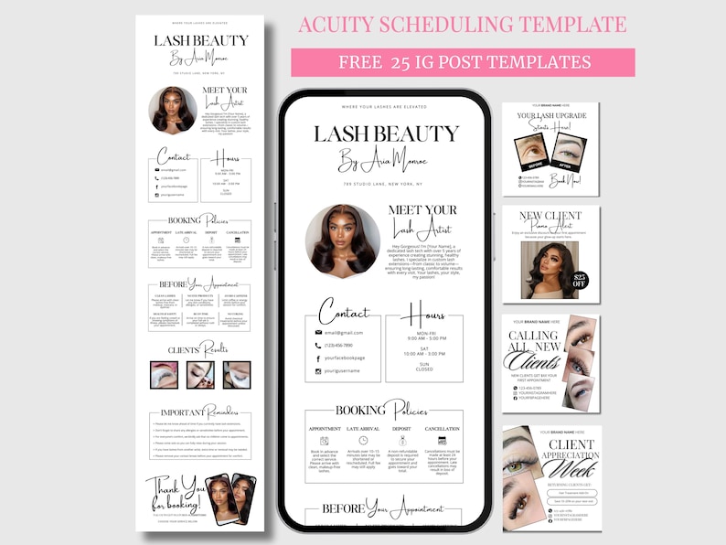 Może przedstawiać: Szablon marketingu cyfrowego dla Lash Beauty by Aria Mance, z makietą smartfona z danymi kontaktowymi, zasadami rezerwacji i wynikami klient&oacute;w. Zawiera 25 darmowych szablon&oacute;w post&oacute;w na Instagramie.