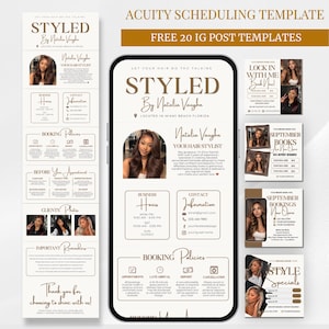 May include: A digital Acuity scheduling template set featuring a mobile phone display and multiple square social media graphics. The designs use a white and brown colour palette with text including STYLED By Natalia Vaughn and booking policies.