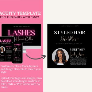 May include: A pink and black advertisement template for beauty services. The design includes a computer monitor, tablet, and phone displaying a lash service booking site. Text includes "Lashes" and "Styled Hair".