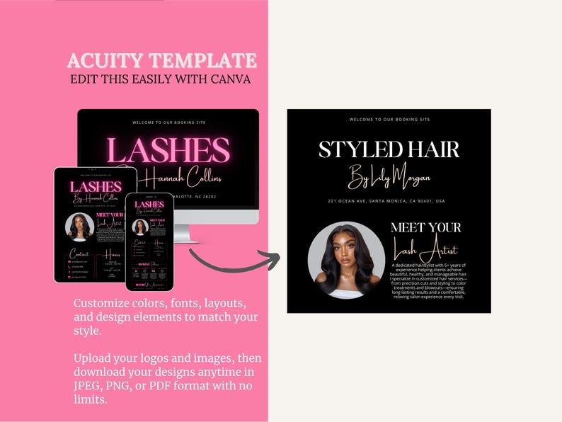 May include: A pink and black advertisement template for beauty services. The design includes a computer monitor, tablet, and phone displaying a lash service booking site. Text includes "Lashes" and "Styled Hair".
