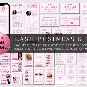 May include: A comprehensive lash business kit featuring over 100 editable templates in a light pink and white color scheme. The collection includes social media posts, stories, booking forms, price lists, and policies for lash technicians.