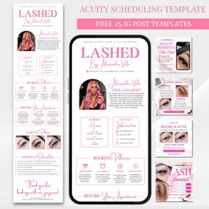 May include: A digital marketing kit for lash artists featuring a mobile phone display and a vertical layout. The design uses a pink and white color scheme with text including LASHED, booking policies, business hours, and contact information.
