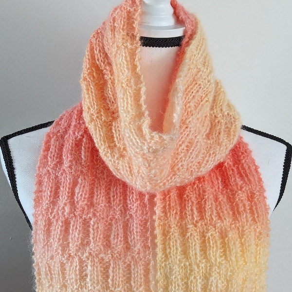 New Handmade Extra Long Classic Wool Blend Light Weight Knit Scarf in Gradient Shades of Pink and Pale Yellow to Coral - 6" x 79"