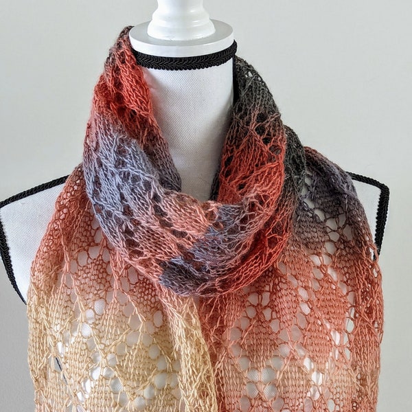 New Handmade Long "Diamond Lace" Wool Blend Light Weight Knit Scarf/Wrap/Stole in Gradient Shades of Peach, Lavender, and Gray - 11" x 83"