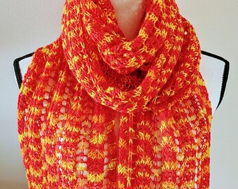 New Handmade Extra Long Wool Blend Lacy Classic Fancy Knit Scarf/Stole in Red, Orange, Yellow, and Rose-10" x 99" (Pics show scarf doubled)