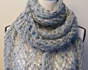 New Handmade Light Weight Mohair Blend "Spring Knit Lace" Knit Scarf/Stole in Navy, White, and Mint with Dots of Blue and Mint - 13" x 88"