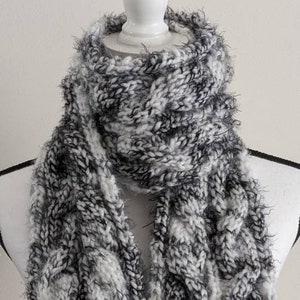 New Handmade Thick, Warm, Elegant, and Soft, Cable Knit Scarf in Luxurious Black/White Angel Hair Yarn - 6&quot; x 66&quot;