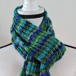 New Handmade Knit Scarf in Ice Yarns Picasso Shaded Blues, Shaded Greens, and White Multicolor - 4.5&quot; x 68&quot;