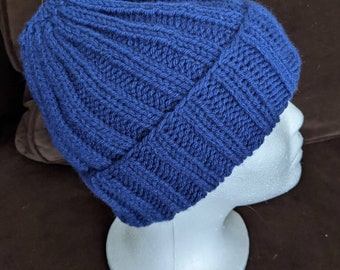 New Handmade Midnight Blue Easy Fit Ribbed Knit Hat - Medium (Darker Blue than pics show)