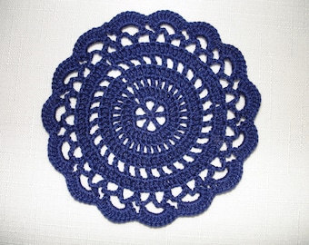 New Handmade Crocheted "Elegance" Coaster/Doily in Navy Blue - This Item Measures Approx. 3"-4" Across Depending on Thread Used
