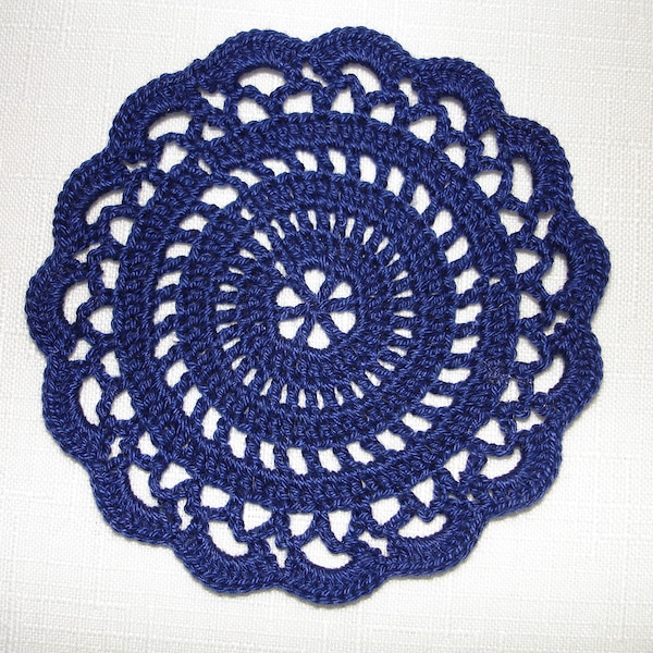 New Handmade Crocheted "Elegance" Coaster/Doily in Navy Blue - This Item Measures Approx. 3"-4" Across Depending on Thread Used